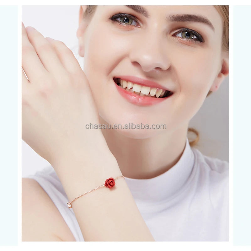 Rose Gold Chain Anklet with Red Rose and CZ