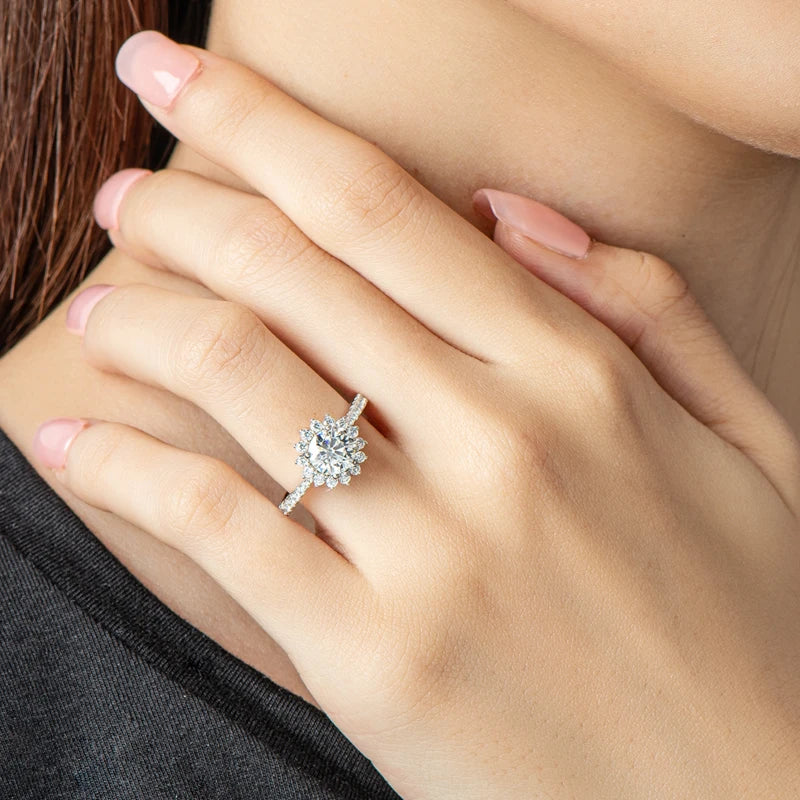 Moissanite Sunflower Halo Ring in Sterling Silver