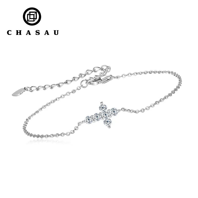 Dainty Silver Moissanite Cross Adjustable Chain Bracelet