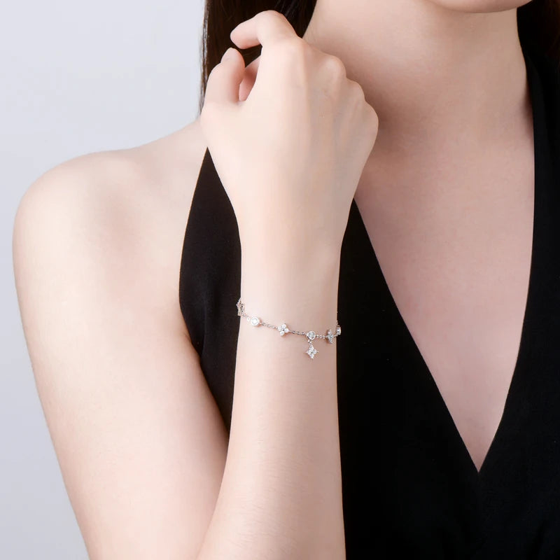 Claw Set Moissanite Clover Bracelet in Sterling Silver