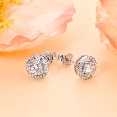 Classic Halo Moissanite Sterling Silver Stud Earrings