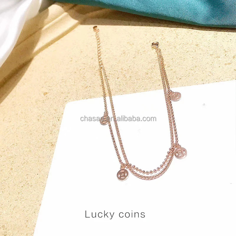Dainty Silver Rose Gold Adjustable Charm Anklet