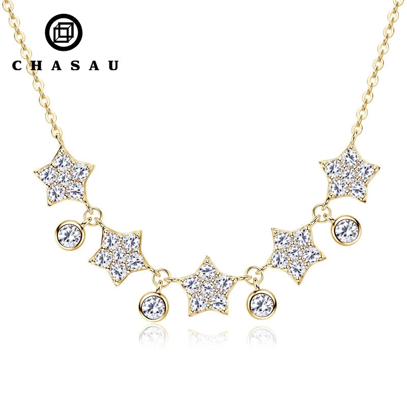 Gold Silver Star Round Paved Stone Chain Necklace