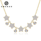 Gold Silver Star Round Paved Stone Chain Necklace
