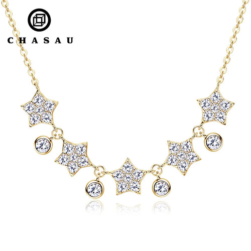 Gold Silver Star Round Paved Stone Chain Necklace
