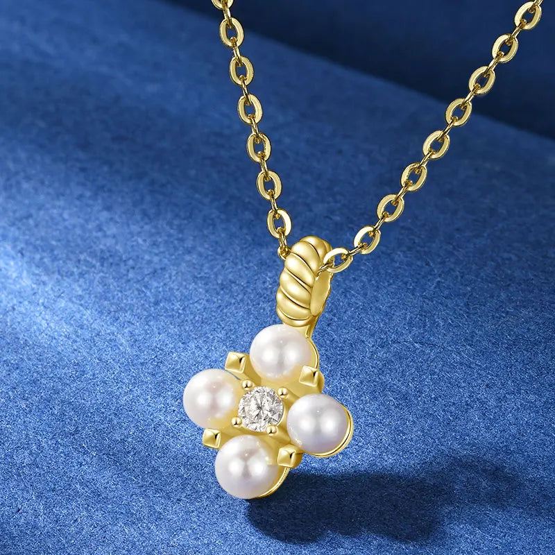 Dainty Clover Pearl and CZ Pendant Necklace