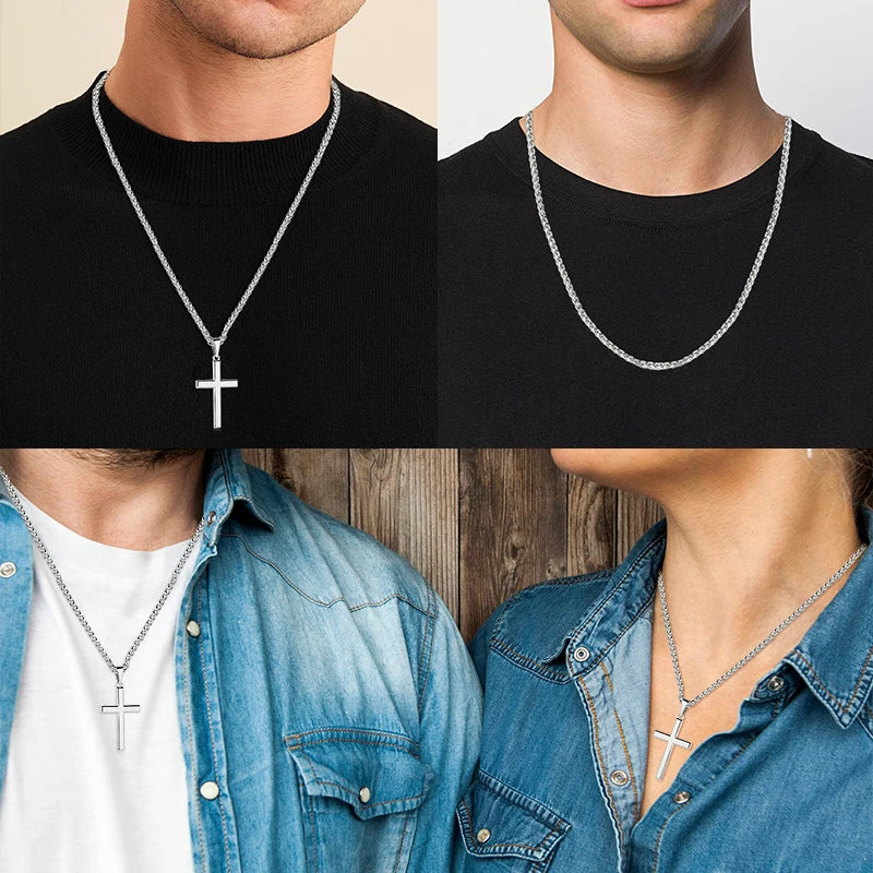 Polished Silver Cross Pendant Necklace Wheat Chain