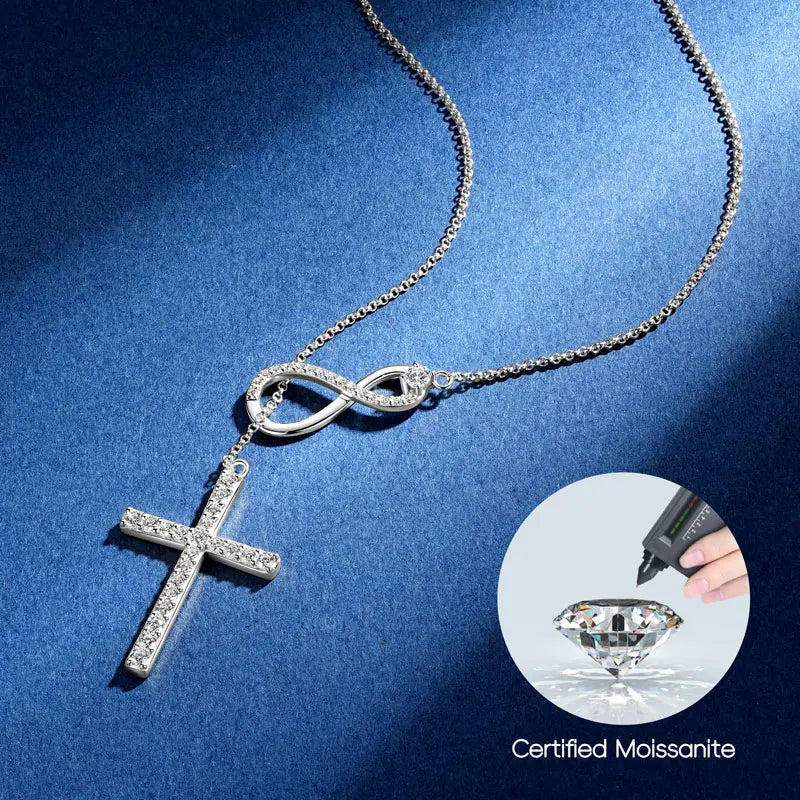 Infinity Cross Lariat Moissanite 925 Silver Necklace