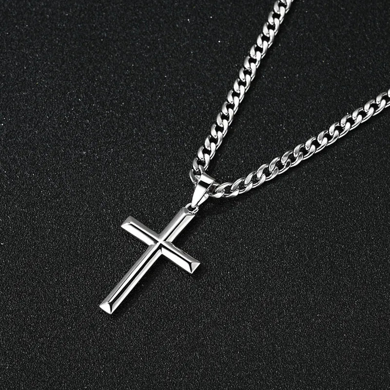 Men's Minimalist Polished Silver Cross Pendant Necklace