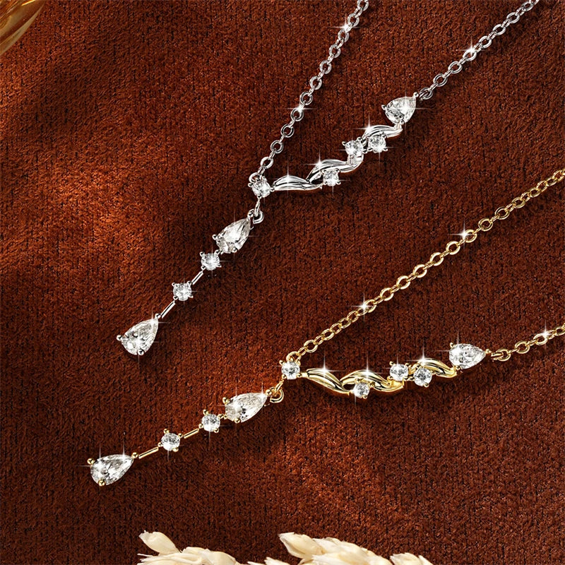 Asymmetrical Wave Drop Necklace with Pear-Shaped Zirconia