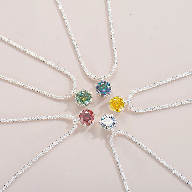 Dainty Silver Chain Round Colorful Moissanite Necklace
