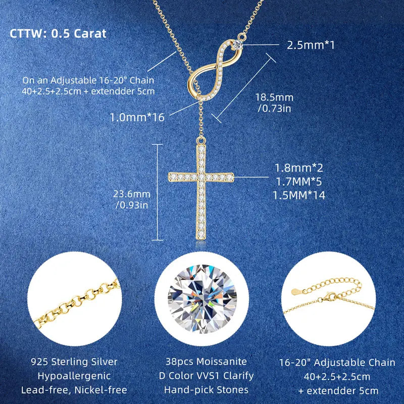 Infinity Cross Lariat Moissanite 925 Silver Necklace