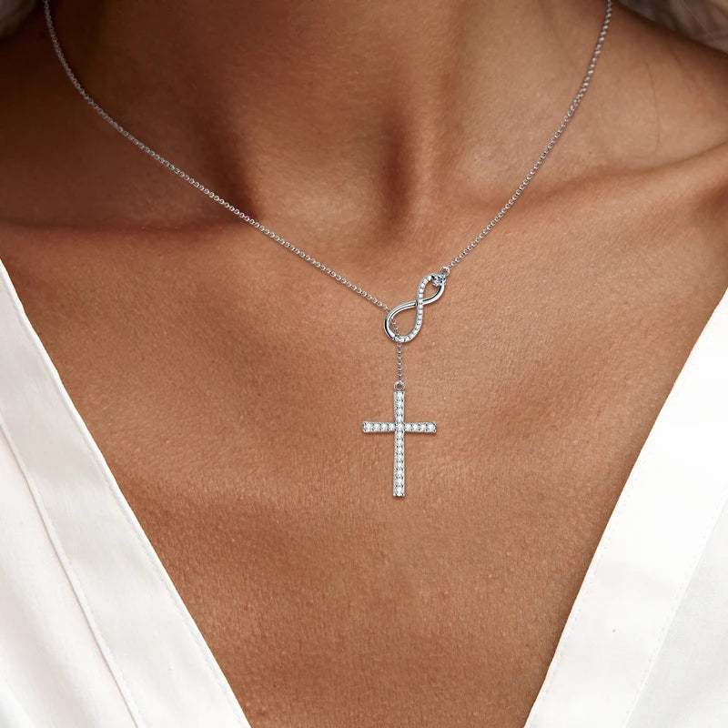 Infinity Cross Lariat Moissanite 925 Silver Necklace