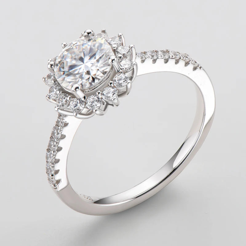Moissanite Sunflower Halo Ring in Sterling Silver
