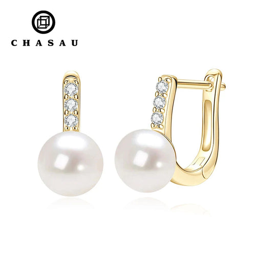 U-Shaped Hoop Earrings with Pearl and Clear Gemstones