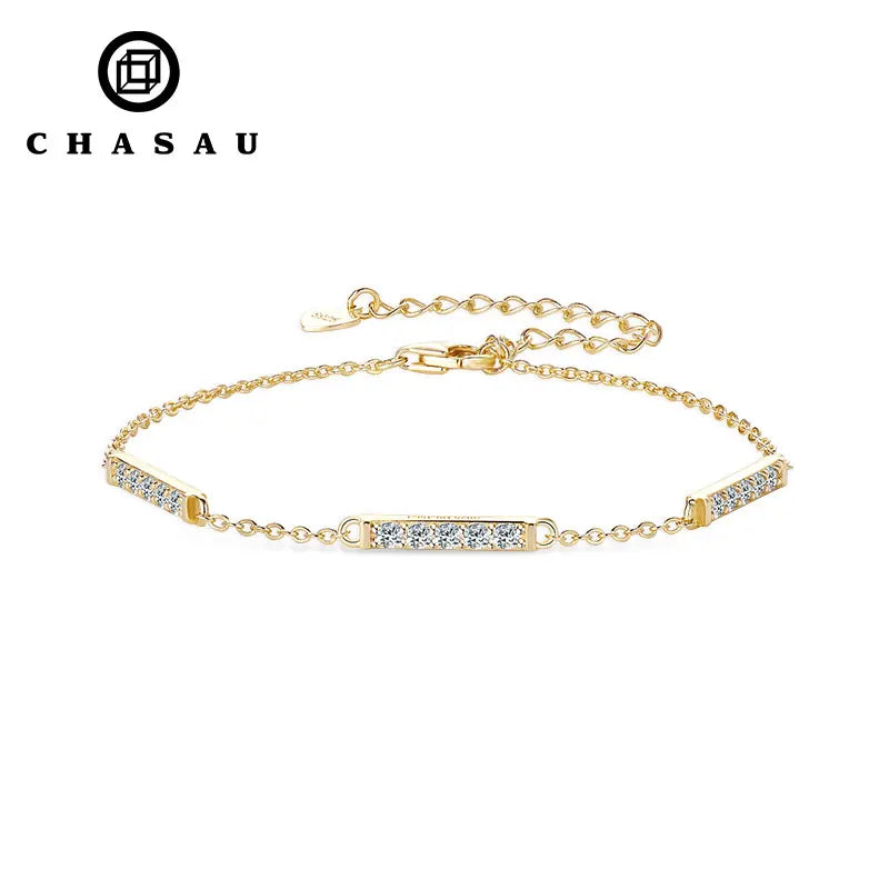 Dainty Moissanite Bar Link Adjustable Sterling Silver Bracelet