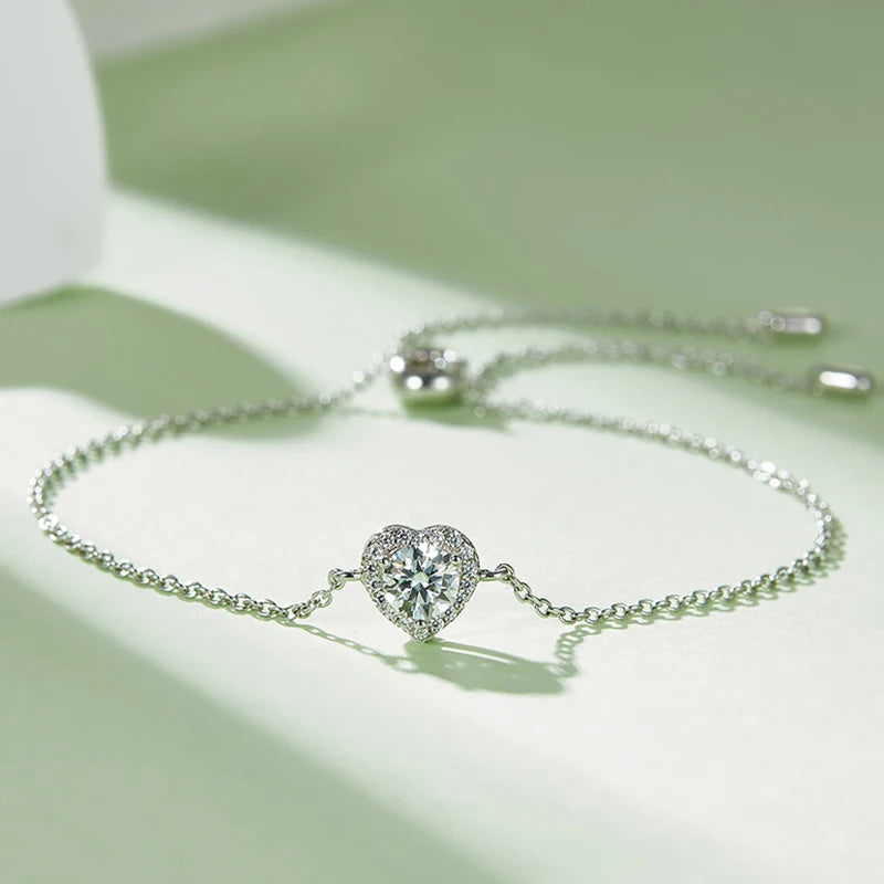 Silver Moissanite Heart Adjustable Bracelet