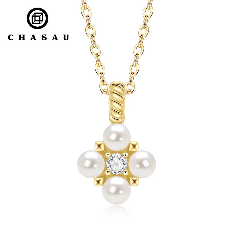 Dainty Clover Pearl and CZ Pendant Necklace