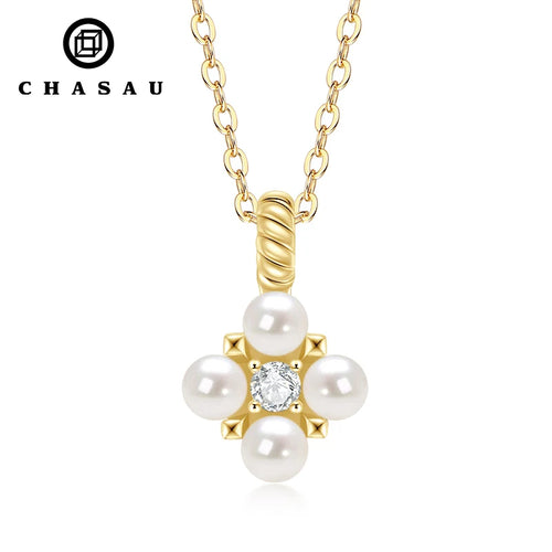 Dainty Clover Pearl and CZ Pendant Necklace
