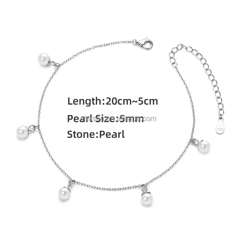 Dainty Silver Anklet with 5mm Pearl Drops