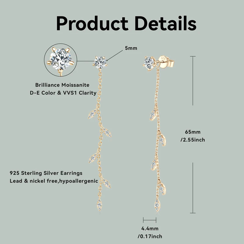 Detachable Moissanite Leaf Dangle Stud Earrings
