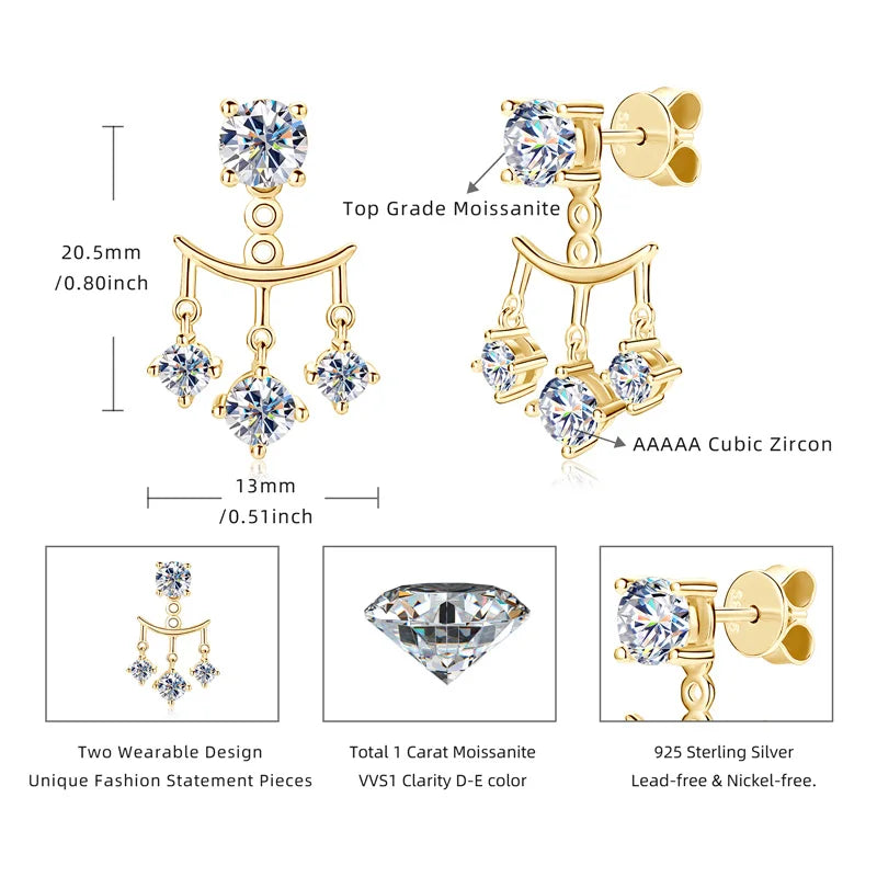 Convertible Moissanite & Cubic Zirconia Dangle Stud Earrings