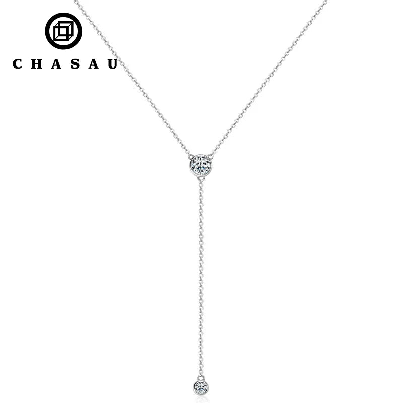 Silver Y-Lariat Necklace with Bezel Moissanite Stones