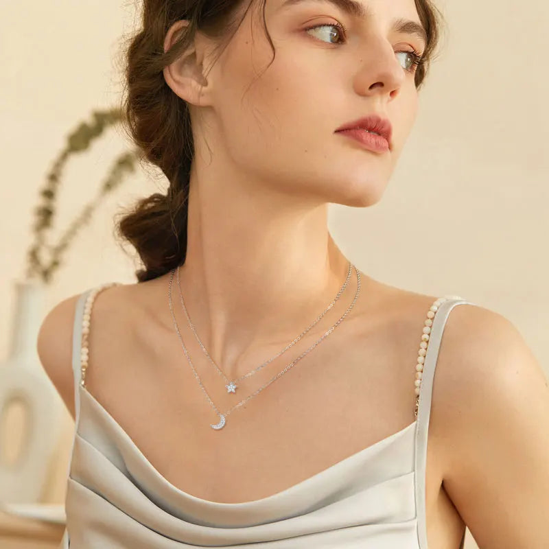 Layered Moissanite Moon And Star Necklace