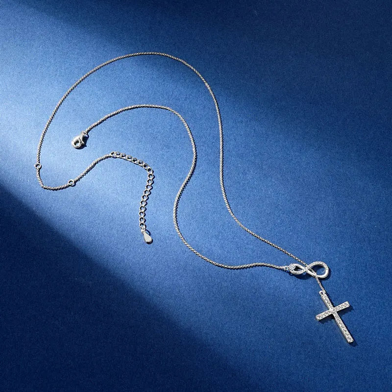 Infinity Cross Lariat Moissanite 925 Silver Necklace