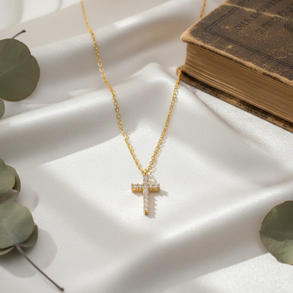 Pave Cross Pendant Necklace with Dainty Chain
