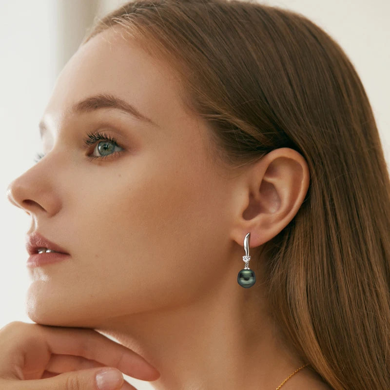 Tahitian Black Pearl Hook Earrings with Zirconia