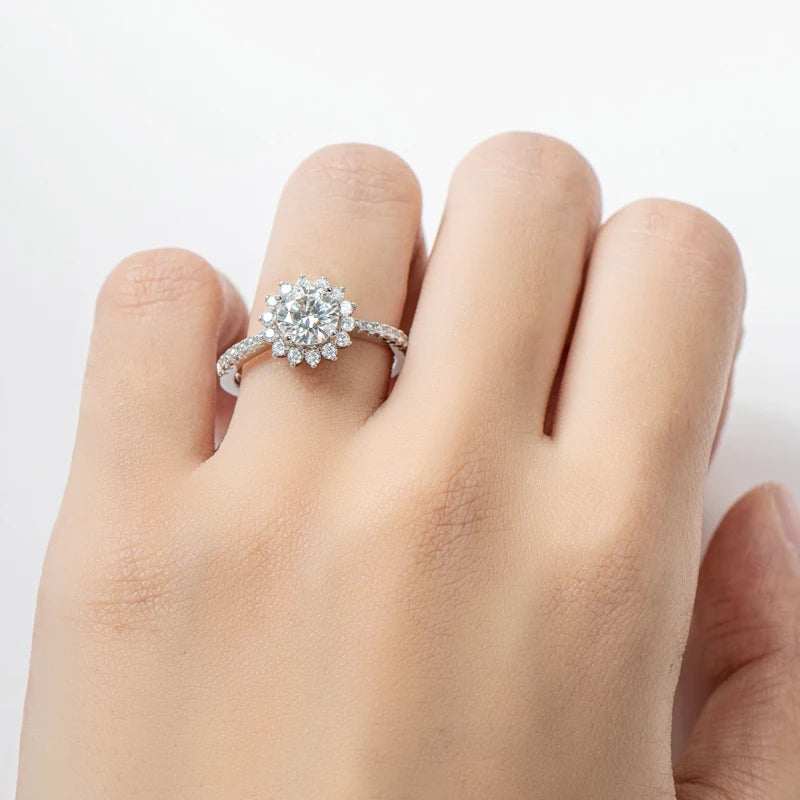 Moissanite Sunflower Halo Ring in Sterling Silver