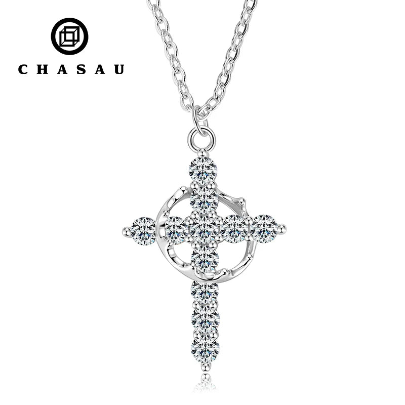 Moissanite Crown Cross Pendant Necklace