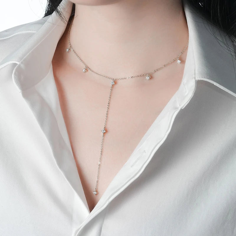 Dainty Sterling Silver Y Lariat Necklace with Clear Stones