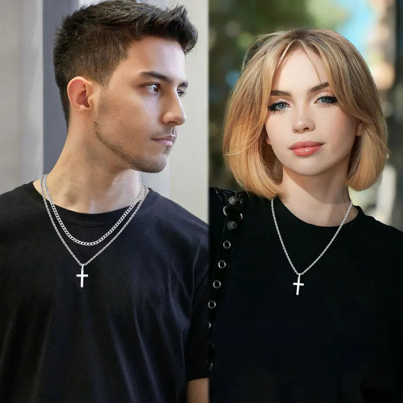 Men's Layered Cuban Rope Chain Cross Necklace
