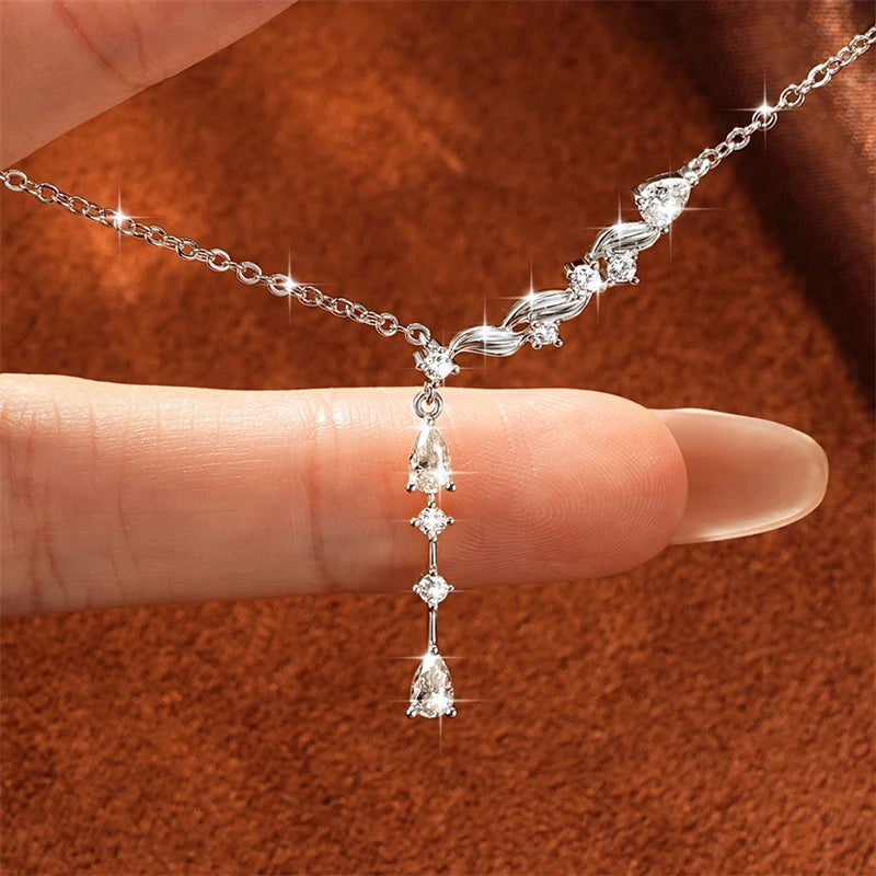 Asymmetrical Wave Drop Necklace with Pear-Shaped Zirconia