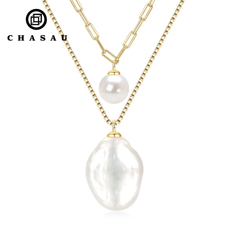 Layered Gold Chain Baroque and Round Pearl Necklace