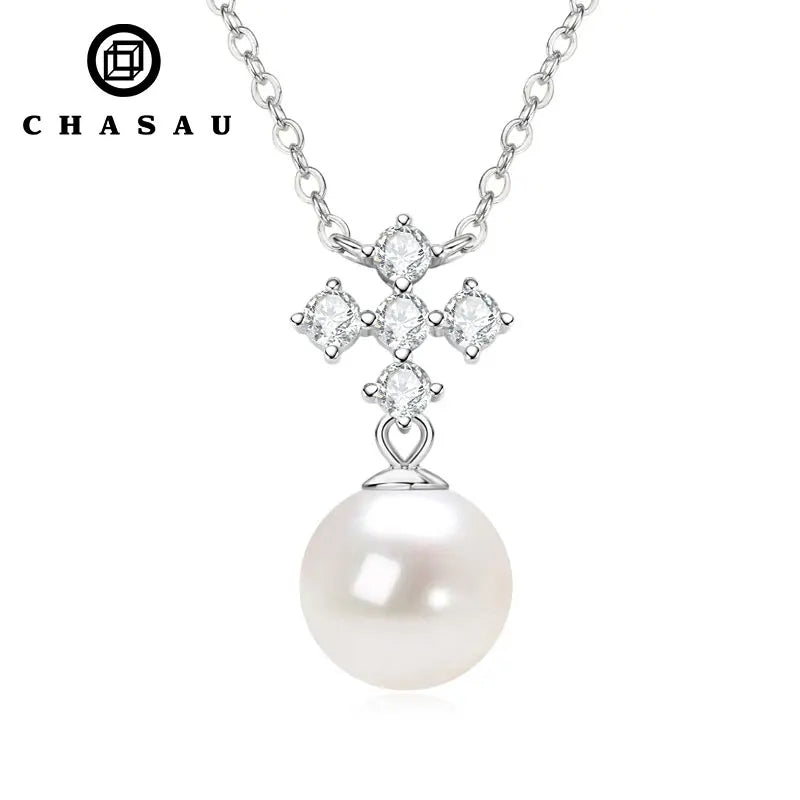 Pearl Cross Pendant Necklace with CZ in Silver or Gold