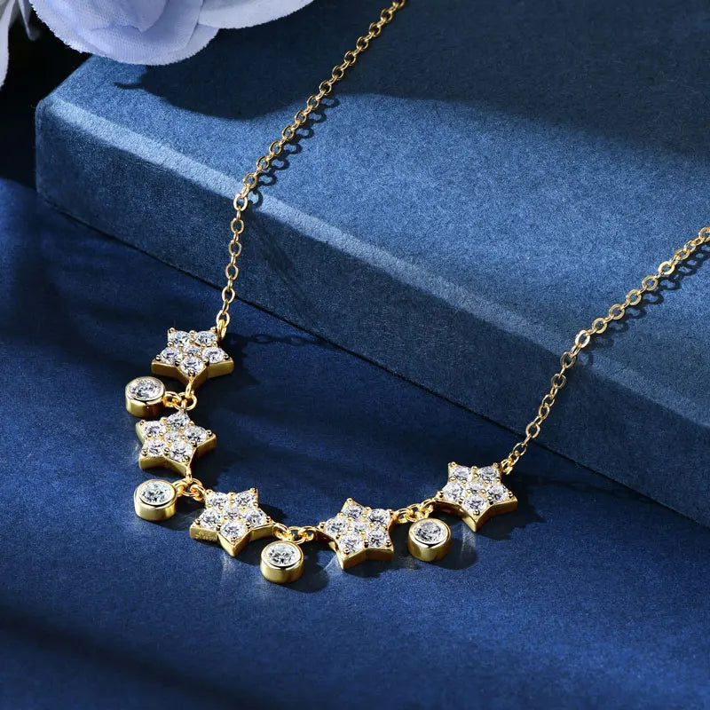 Gold Silver Star Round Paved Stone Chain Necklace