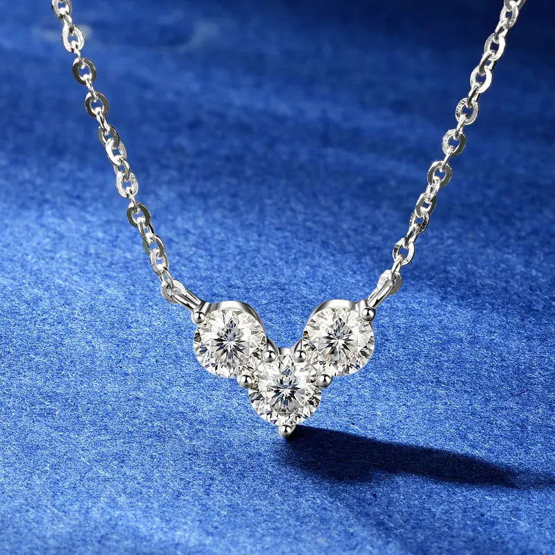 Three Stone Moissanite V-Shape Pendant Necklace