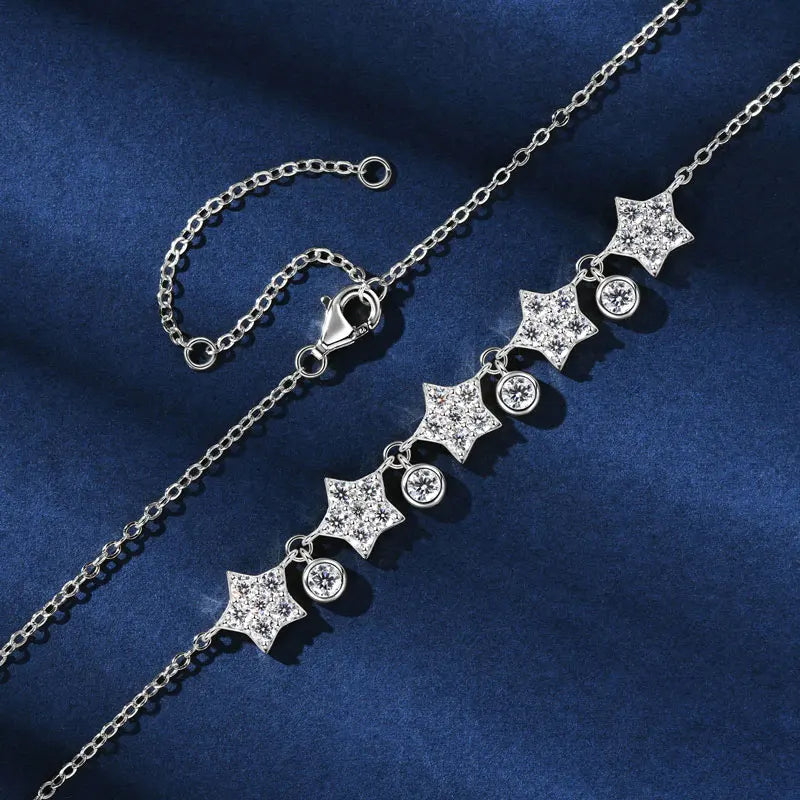 Gold Silver Star Round Paved Stone Chain Necklace