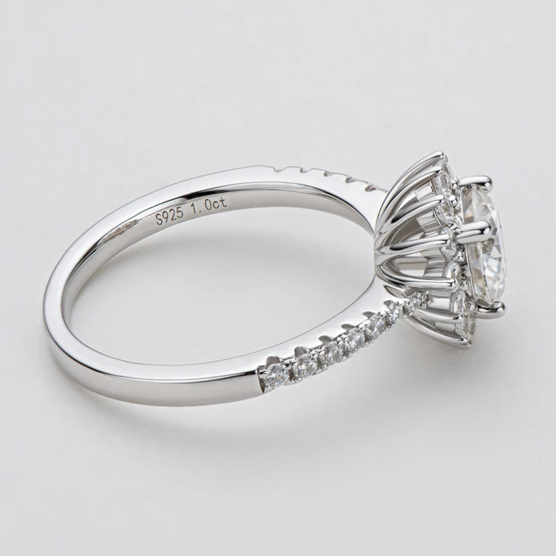 Moissanite Sunflower Halo Ring in Sterling Silver