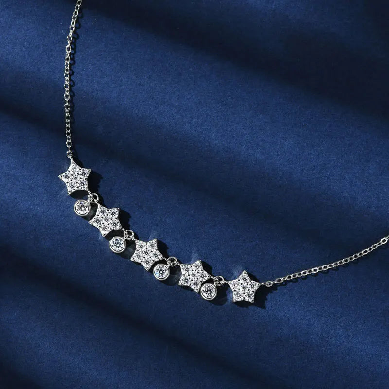 Gold Silver Star Round Paved Stone Chain Necklace