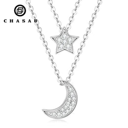 Dainty Layered Crescent Moon Star Silver Necklace