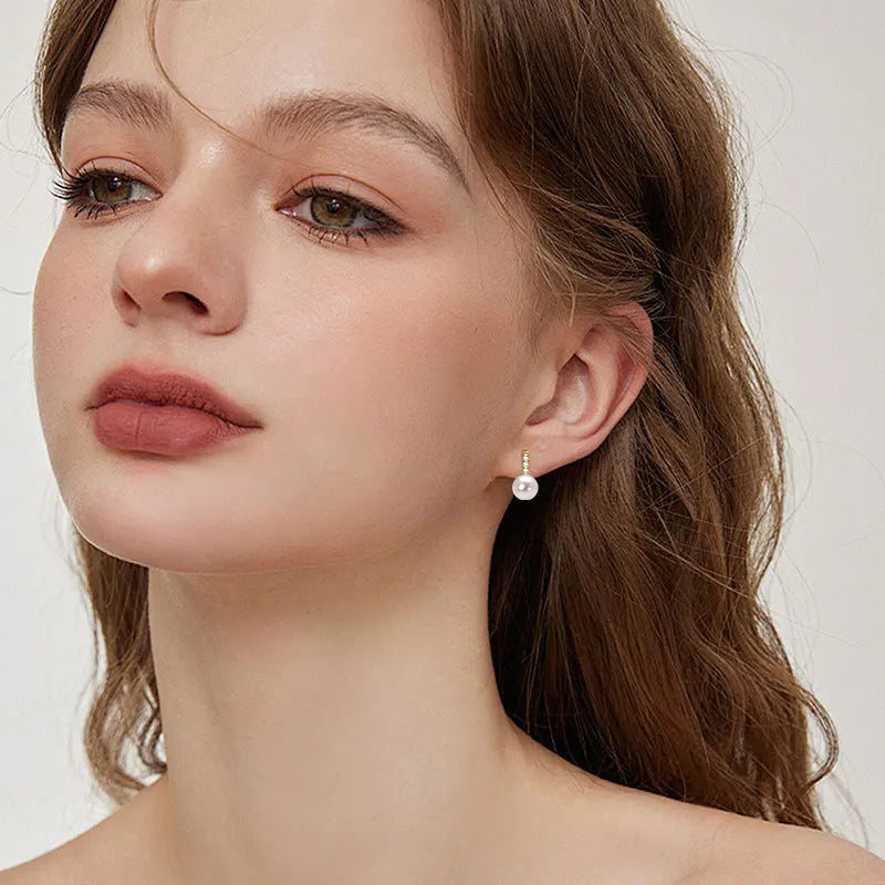 U-Shaped Hoop Earrings with Pearl and Clear Gemstones