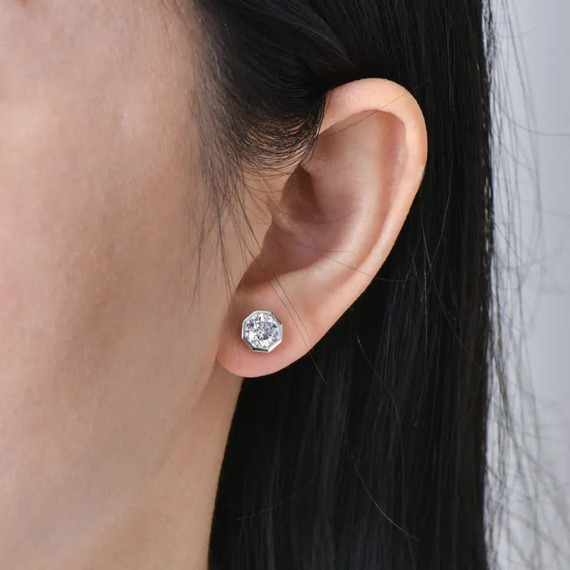 Octagon Bezel Set Moissanite Stud Earrings