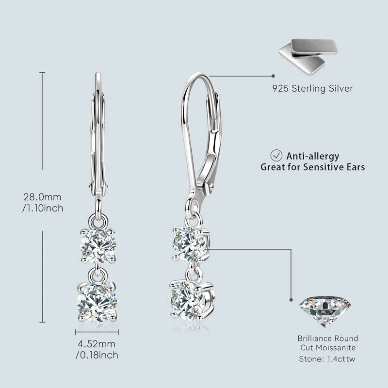 Two Stone Moissanite Drop Leverback Earrings
