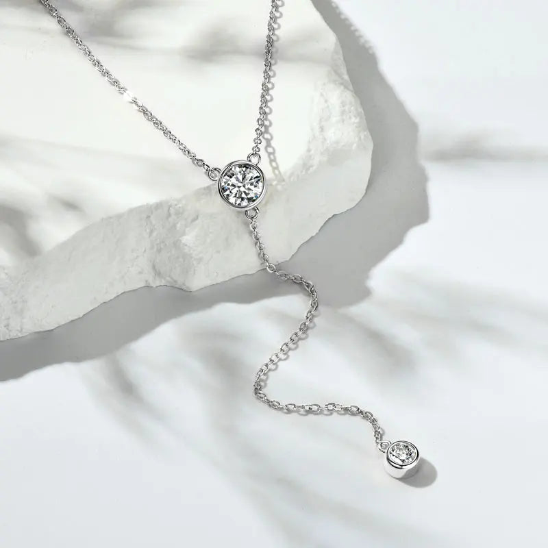 Silver Y-Lariat Necklace with Bezel Moissanite Stones