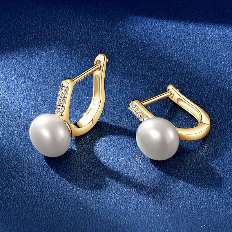 U-Shaped Hoop Earrings with Pearl and Clear Gemstones