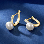 U-Shaped Hoop Earrings with Pearl and Clear Gemstones